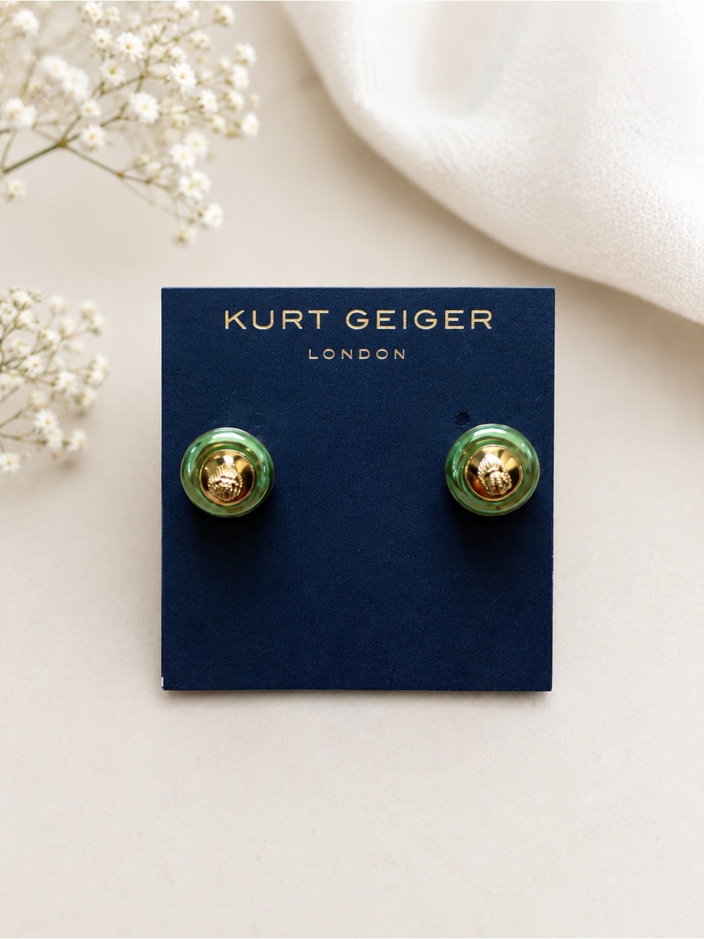 Kurt Geiger Gold Center with Green Rim Button Stud Earrings